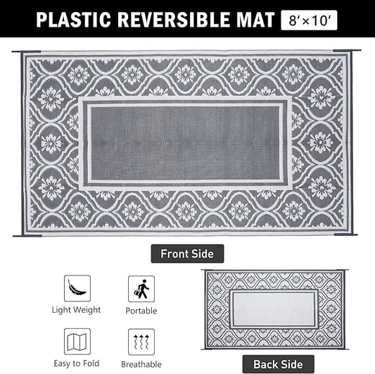 Outdoor Rug 8x10 Patio Waterproof Mat Camping Carpet Outside Area Rug Reversible Grey Rugs for RV Deck Entryance Porch Picnic Balcony Beach