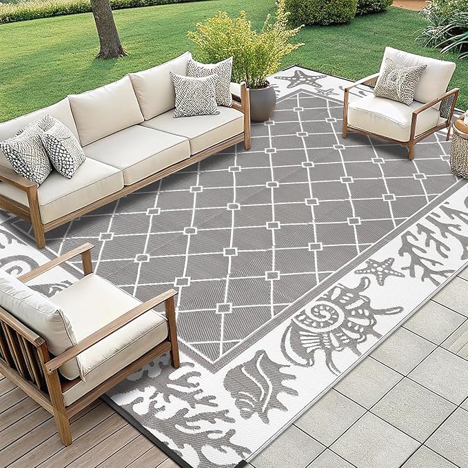 Vaukki Reversible Rugs, Plastic Straw Outdoor Doormat, Fade Resistant Plastic Outdoor Patio Mat, Lightweight Ocean Area Carpet for Patio, RV, Camping, Beach, Deck, Backyard and Picnic (Grey, 8'x10')