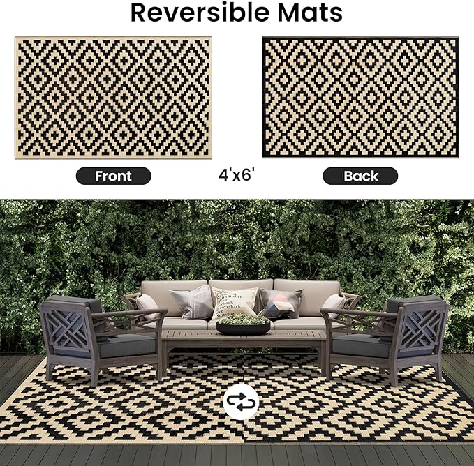 Smiry Waterproof Outdoor Rug 4x6 ft, Reversible Plastic Straw Patio Camping Rugs, Outdoor Indoor RV Mat Carpet for Patio, Outside Entry, Backyard, Deck, Bench, Picnic, Camper, Black & White