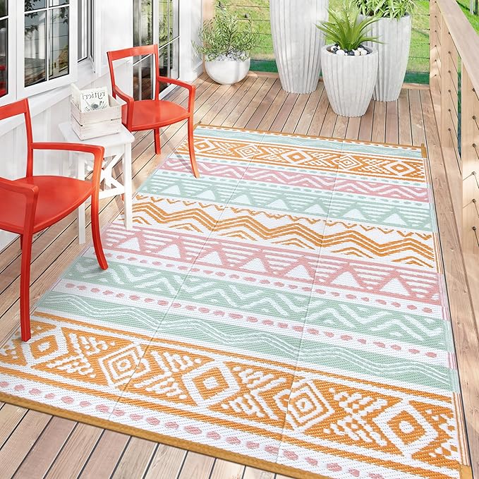 Lahome Outdoor Rug Waterproof, 5x8ft Reversible Outdoor Plastic Straw Rug for Camping Patio, RV Outdoor Rugs Outside, Outdoor Carpet for Porch Deck Backyard Balcony Picnic(Pink/Orange,5'x 8')