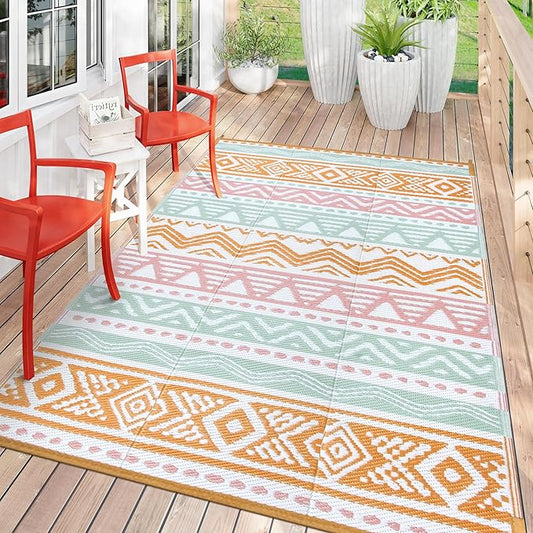 Lahome Outdoor Rug Waterproof, 5x8ft Reversible Outdoor Plastic Straw Rug for Camping Patio, RV Outdoor Rugs Outside, Outdoor Carpet for Porch Deck Backyard Balcony Picnic(Pink/Orange,5'x 8')