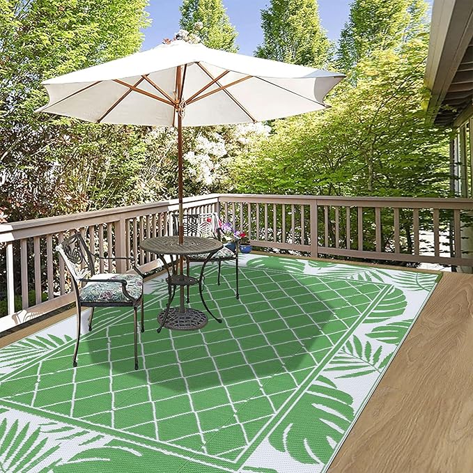 Ileading Outdoor Rug Carpet for Patio 5' x7' Waterproof Reversible Plastic Straw Rug Portable Outside Area Rug Camping Mat for Patio, Clearance, Balcony, Picnic, Pool, Beach, RV, Deck, Leaf Green