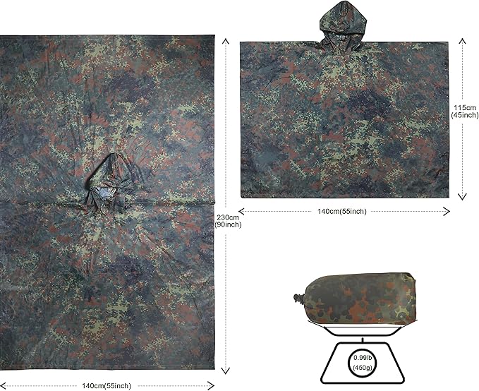 Camo Rain Poncho, Multi Use Waterproof Rain Coat