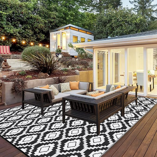 HIHEGD Outdoor Rug 9x12 for Patio Camping RV, Waterproof Reversible Mat, Plastic Straw Rug for Indoor Outdoor Patio Clearance, Porch, Deck, Backyard, Picnic (Black and White)