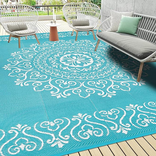 Pauwer Waterproof Outdoor Rug 8x10, Reversible Plastic Straw Patio Camping Rug, Indoor Outdoor RV Mat Carpet for Deck, Camper, Porch, Balcony, Backyard, Picnic, Floral Teal