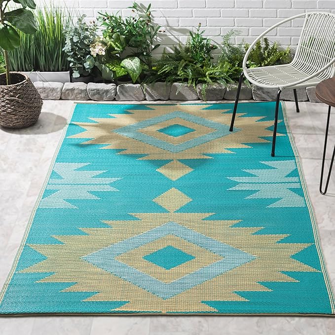 FH Home Outdoor Rug - Waterproof, Fade Resistant, Reversible - Premium Recycled Plastic - Geometric - Patio, Deck, Porch, Balcony - Bursa Kilim - Teal Crease Free - 5 x 8 ft