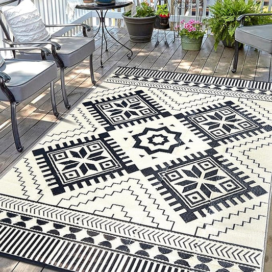 Waterproof Outdoor Rug 6x9ft, Boho Reversible Plastic Straw Mat for Patio RV Deck Porch Backyard Balcony Camping Picnic Beach Indoor Outdoor Carpet, Black&Beige
