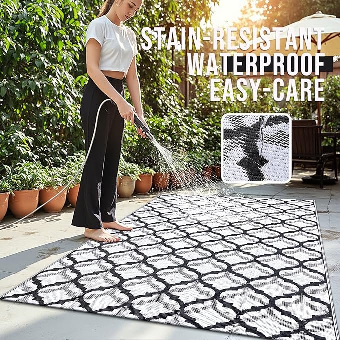 OLANLY Reversible Outdoor Rug 5x8 ft Clearance, Waterproof Outdoor Plastic Straw Rug with Interlacing Pattern, RV Mat for Patio, Camping, Balcony, Deck, Backyard, Black & White