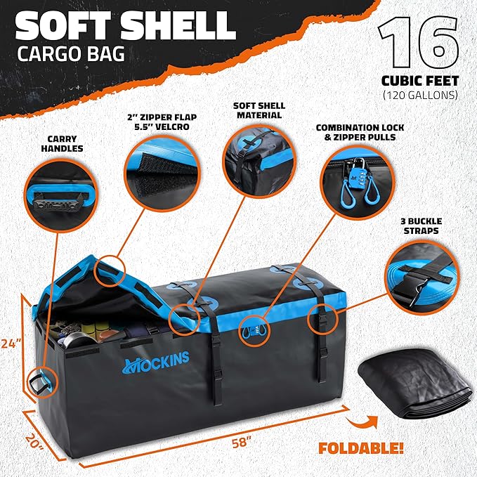 Mockins 60"x20"x6" Trailer Hitch Cargo Carrier w/16 CuFt Soft Vinyl Waterproof Cargo Bag & 4 Packing Cubes | 500 Lbs. Capacity Folding Luggage Rack for SUV/Car & Waterproof Truck Bed Storage Bag Set