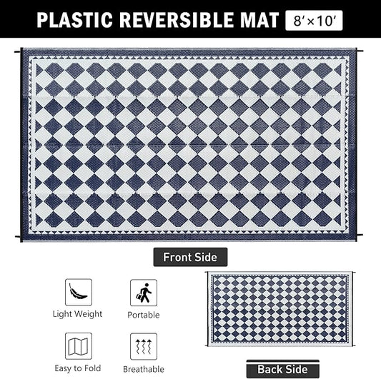 Outdoor Waterproof Rug 8'x10' Plastic Straw Rugs Washable Reversible Floor Mat Blue Plaid Carpet for Camping RV Deck Entryance Porch Picnic Balcony Beach Backyard