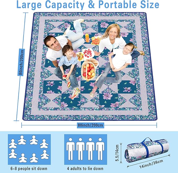 Extra Large Picnic Blankets Waterproof Foldable (80 "x 80") Beach Blanket Waterproof Sandproof,3-Layer Thicking Mat Outdoor Packable Camping Blanket