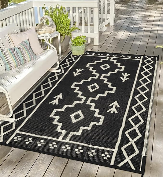 Uphome Outdoor Plastic Straw Rug 6x9 ft, Reversible Waterproof Outdoor Rug Carpet, Black Boho Patio Rug, RV Camping Rug for Outside, Indoor Outdoor Area Rug for Backyard Deck Balcony Picnic, 6'x9'