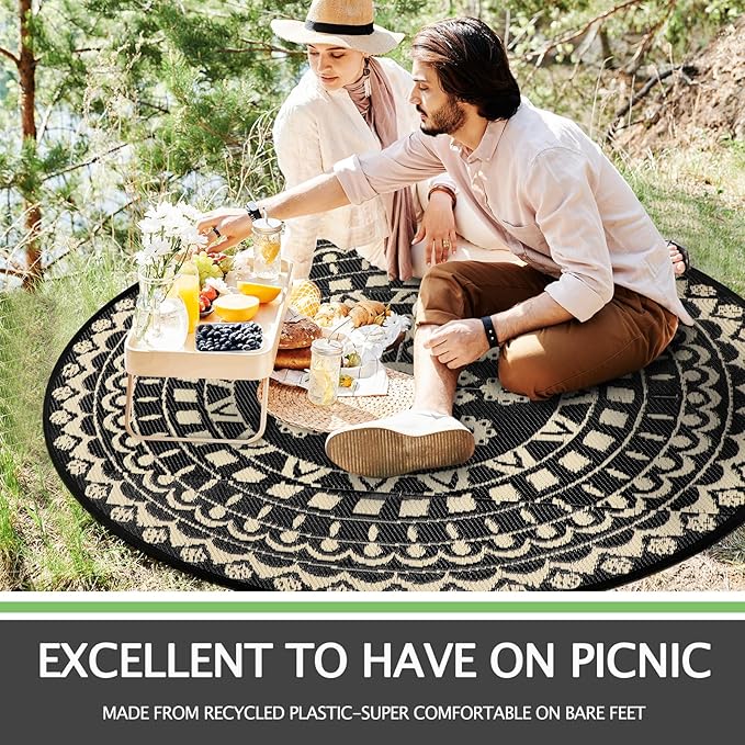 Capslpad 5Ft Round Outdoor Rug for Patio Reversible Mat Waterproof Plastic Straw Rug Boho Circle Indoor Outside Area Rug for RV Camping Picnic Pool Tent Balcony Beach Deck Doormats Decor, Beige