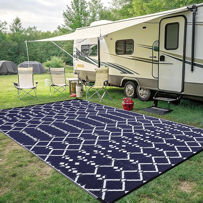 Smiry Outdoor Rug 8x10 ft, Waterproof Reversible Plastic Straw Rugs, Boho Outdoor Area Rug, Outside Floor Mat for Patio, Backyard, Deck, Picnic, Beach, Camping, Navy