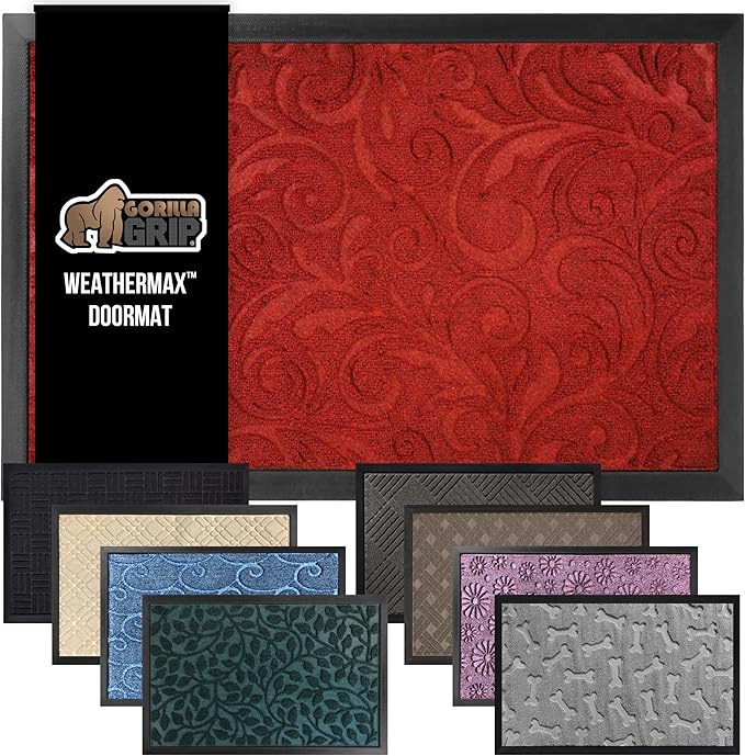 GORILLA GRIP 100% Waterproof All-Season WeatherMax Doormat, 23x35, Durable Natural Rubber, Stain and Fade Resistant, Low Profile, Indoor Outdoor Doormats, Easy Clean Patio Entry Mat, Red Vintage Wine