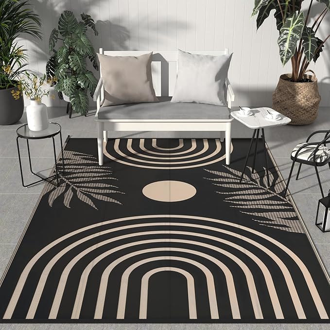 GENIMO Outdoor Rug 6' x 9' Waterproof for Patio Clearance, Reversible Lightweight Plastic Straw Camping Carpet, Large Area Rugs Mats for Rv, Backyard, Deck, Porch, Picnic, Balcony, Mix-Black & Beige