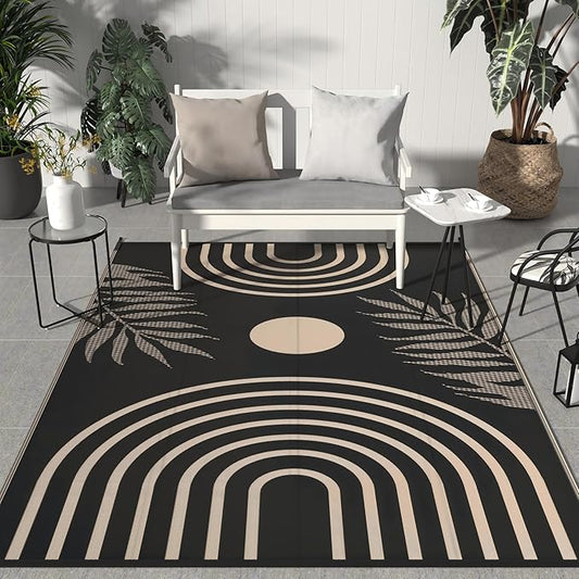 GENIMO Outdoor Rug 5' x 8' Waterproof for Patio Clearance, Reversible Plastic Straw Camping Carpet, Lightweight Rugs Mats for Rv, Backyard, Deck, Porch, Picnic, Balcony, Mix-Black & Brown