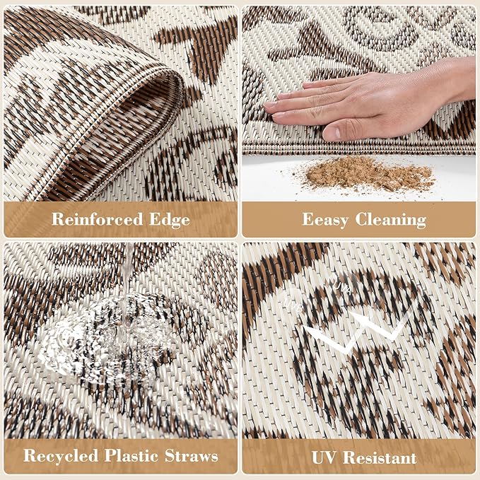 Lahome 6x9 Outdoor Rugs for Patios Waterproof, Plastic Straw Portable Reversible Rv Rug, Porch Floor Camping Carpet for Balcony Tent, Khaki 6'x9'