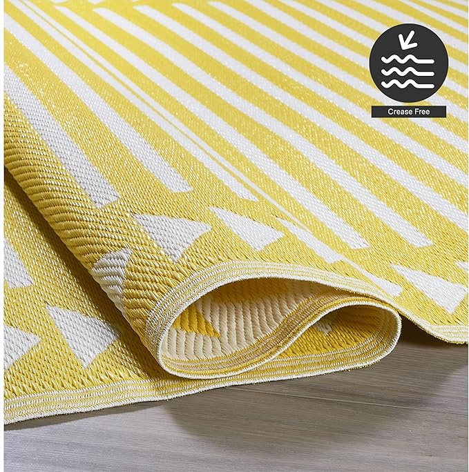 FH Home Outdoor Rug - Waterproof, Fade Resistant, Crease-Free - Premium Recycled Plastic - Geometric - Patio, Porch, Deck, Balcony - Hampton Stripe - Yellow Crease Free - 5 x 8 ft