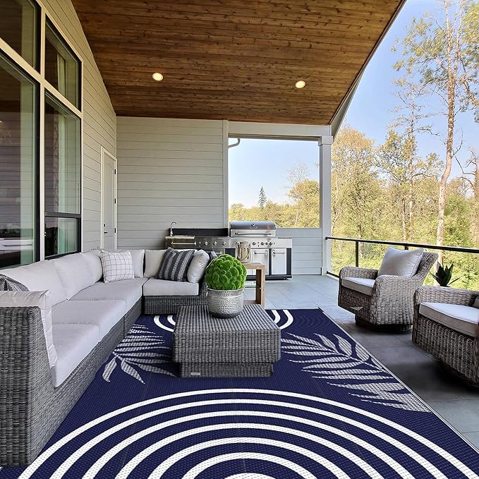 GENIMO Outdoor Rug 5' x 8' Waterproof for Patio Clearance, Reversible Plastic Straw Camping Carpet, Lightweight Rugs Mats for Rv, Backyard, Deck, Porch, Picnic, Balcony, Mix-Blue & White