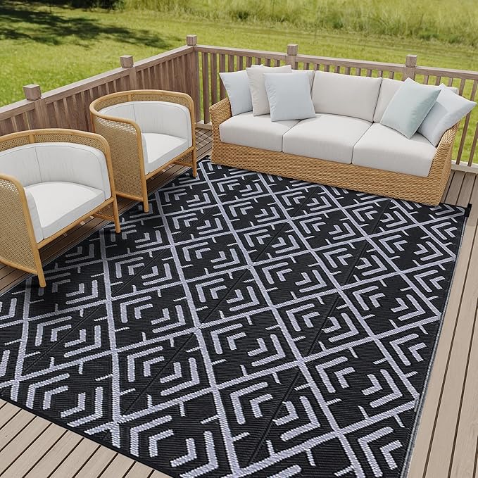 Outdoor Plastic Straw Rug, Waterproof Outdoor Rugs for Patios Clearance, Reversible Area Rug, Large Outside Carpet for Camping, Balcony, RV, Deck, Picnic, Beach (6x9ft Boho/Black&Grey)