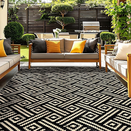 OPPODREAM Outdoor Rug 8x10 Patio Waterproof, Large Outdoor Plastic Straw Rug, Reversible Out Door Carpet Camping Essentials, Deck, Rv, 8 x 10 Area Carpet for Balcony, Porch, Backyard, Black & Beige