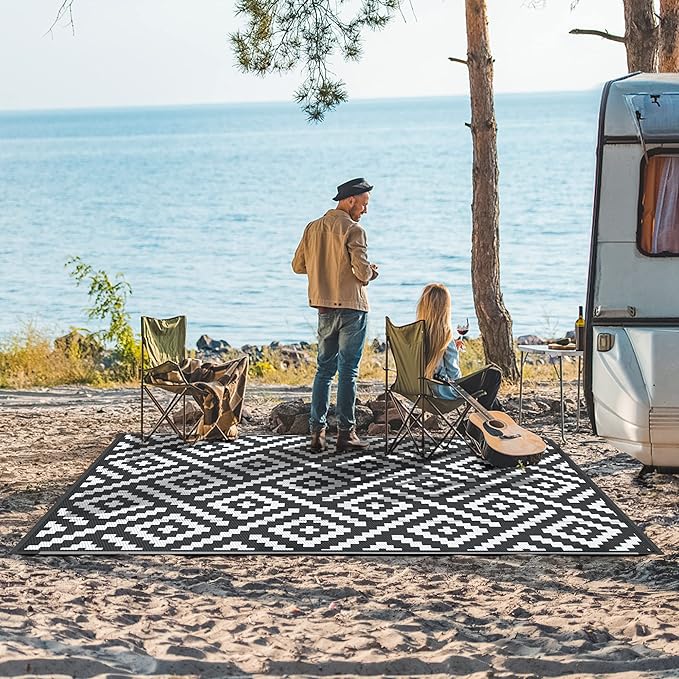 GENIMO Outdoor Rug for Patio Clearance,6'x9' Waterproof Mat,Reversible Plastic Camping Rugs,Rv,Deck,Porch,Camper,Balcony,Backyard,Black & White