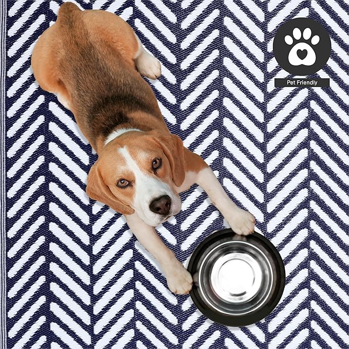 FH Home Outdoor Camping Rug - Waterproof, Fade Resistant, Reversible - Premium Recycled Plastic - Herringbone - Large Patio, Deck, Sunroom, RV - Fresno - Navy - 9 x 12 ft Foldable