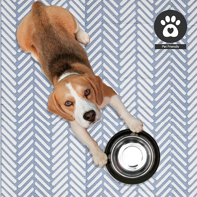 FH Home Outdoor Camping Rug - Waterproof, Fade Resistant, Reversible - Premium Recycled Plastic - Herringbone - Large Patio, Deck, Sunroom, RV - Fresno - Light Blue - 5 x 8 ft Foldable