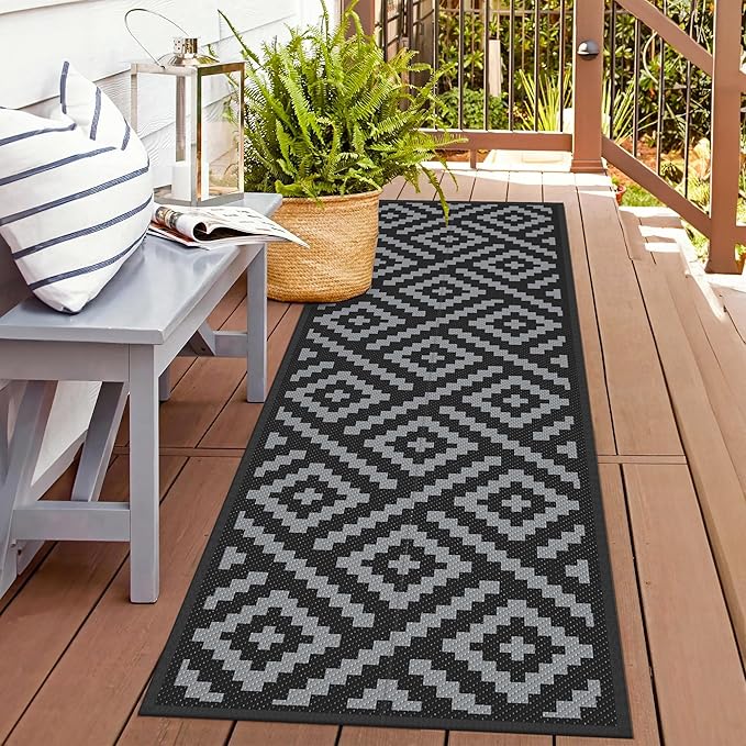 GENIMO Outdoor Rugs 2.5x8 Waterproof, Reversible Mats, Outdoor Area Rug, Plastic Outside Carpet, Eeometric Rv Mat for Patio Camping Rv Picnic Backyard Deck Balcony Porch Beach (Black & Grey)