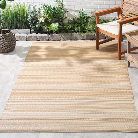 FH Home Outdoor Rug - Waterproof, Fade Resistant, Reversible - Premium Recycled Plastic - Striped - Patio, Deck, Porch, Balcony - Havana - Beige Crease Free - 5 x 8 ft