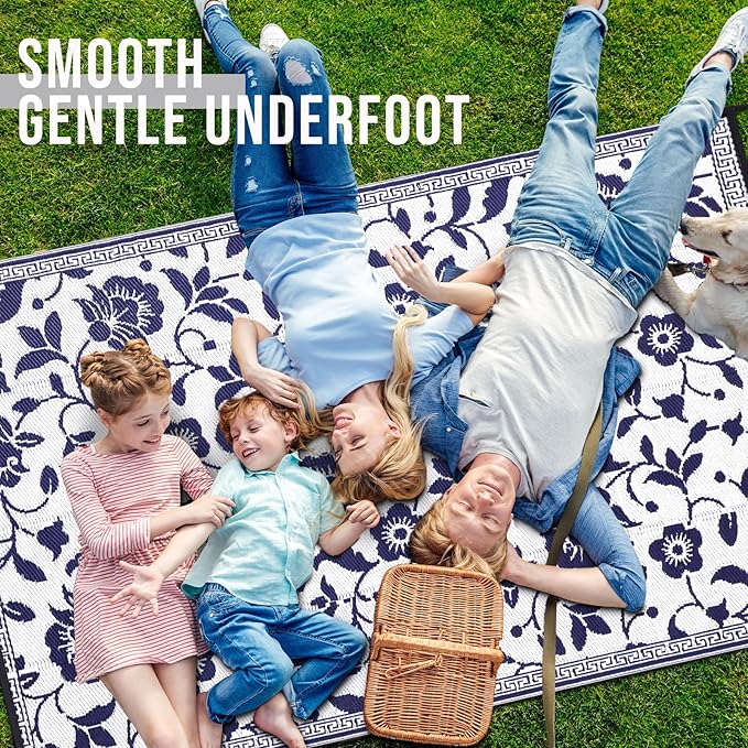 OLANLY Waterproof Outdoor Rug 8x10 ft, Outdoor Plastic Straw Rug with Flower Pattern, Reversible RV Mat for Patio, Camping, Balcony, Deck, Backyard, Navy & White