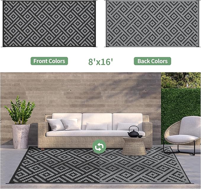 GENIMO Outdoor Rug for Patio Clearance, 8'x16' Waterproof Camping Mat, Reversible Plastic Straw Rugs for RV, Camper, Balcony, Backyard, Picnic, Deck, Black & Gray