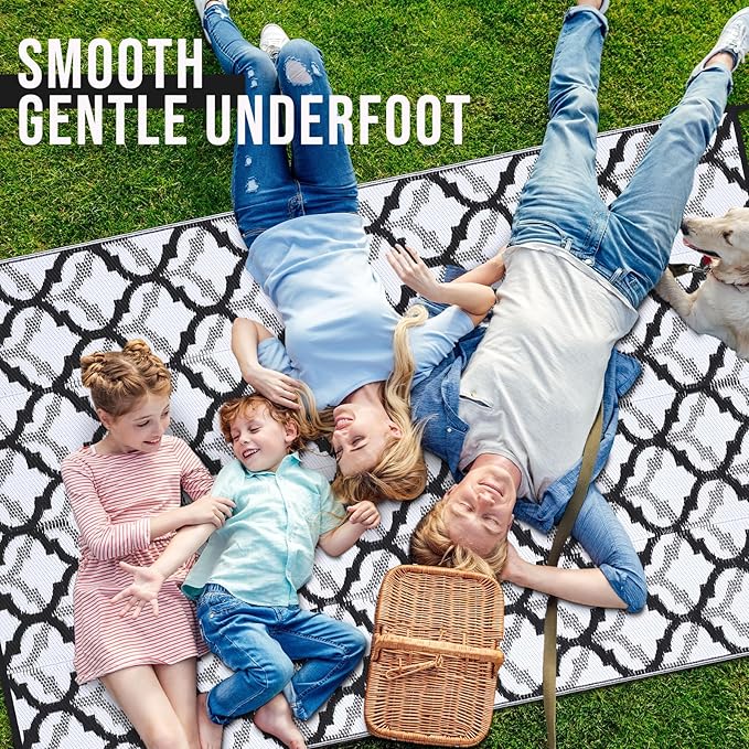 OLANLY Reversible Outdoor Rug 6x9 ft Clearance, Waterproof Outdoor Plastic Straw Rug with Interlacing Pattern, RV Mat for Patio, Camping, Balcony, Deck, Backyard, Black & White