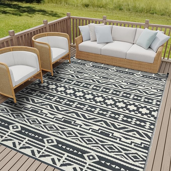RV Outdoor Rug Waterproof Mat Outdoor Rugs 6'x9' for Patios Clearance Carpet Outdoor Camping Rugs Large Plastic Straw Rug (Geometric Boho Grey&White)