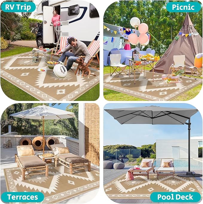 HEBE Outdoor Rug 9'x12' for Patios Clearance Waterproof Patio Mat Plastic Straw Rug Reversible RV Camping Tent Rug Outside Indoor Outdoor Area Rugs for RV,Deck,Beach,Balcony,Camper