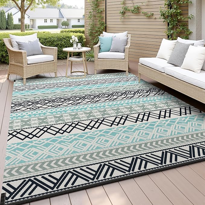 MontVoo Outdoor Rug Carpet Waterproof-Patio Rug Mat 5x8 Reversible RV Camping Rug Picnic Mat Plastic Straw Outside Rug for Balcony Porch Deck Beach-Boho Outdoor Area Rug for Patio Decor Colorful