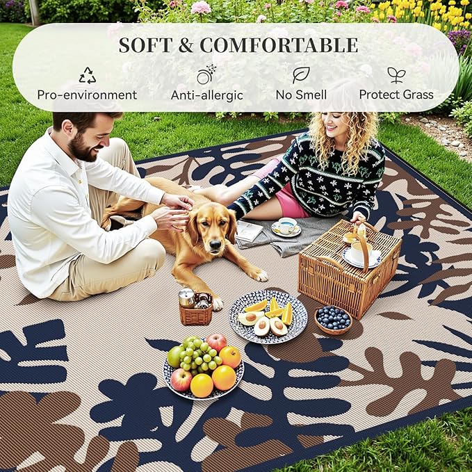 MontVoo Outdoor Rug Waterproof 6x9 ft RV Outdoor Rug for Camping Picnic Mat Outdoor Patio Rug Carpet Plastic Straw Reversible Floral Navy Orange