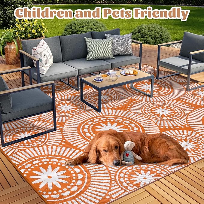 Ileading Large Plastic Outdoor Rug 9x12ft Modern Geometric Style Reversible Patio Area Rugs Waterproof Non Shedding Portable Carpets for Rv Outside Deck Pool Beach Picnic Camping (Orange)
