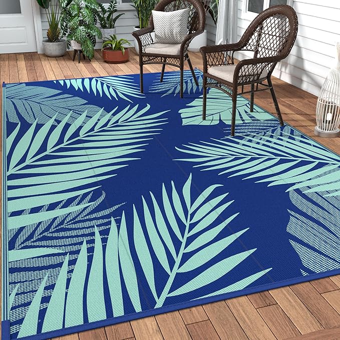 GENIMO Outdoor Rug 10' x 14' Waterproof for Patios Clearance, Reversible Outdoor Plastic Straw Camping Rug Carpet, Large Area Rugs Mats for RV, Camper, Deck, Balcony, Porch, Beach, Royalblue&Bluegreen