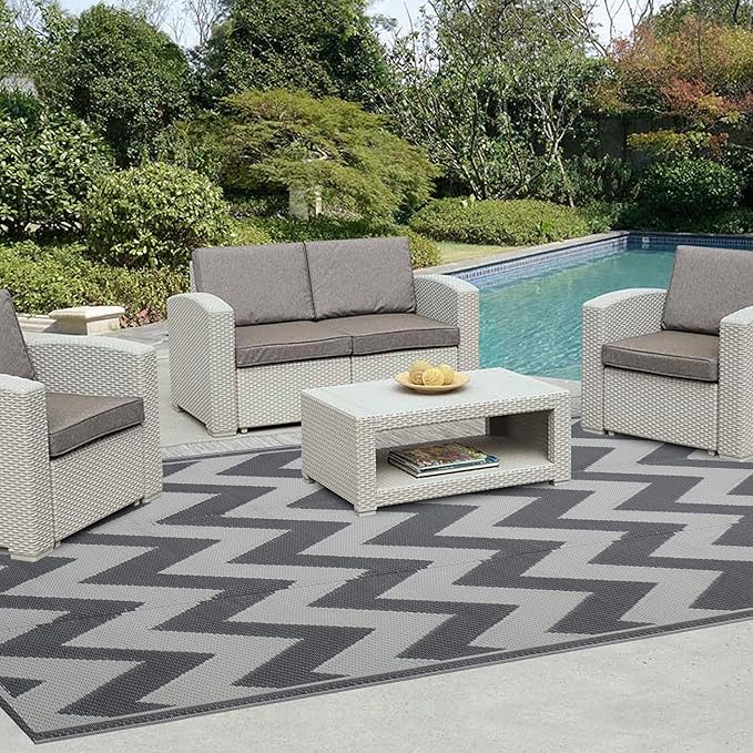 Easy-Going Reversible Outdoor Rugs 4x6ft Waterproof Plastic Straw Rug Stain & UV Resistant Floor Mat for Patio Porch RV Backyard Pool Deck Picnic Beach Trailer Camping (Waved Grey & Light Grey)