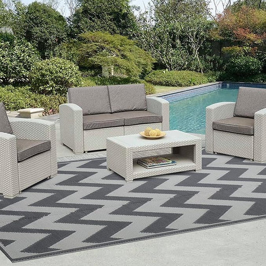 Easy-Going Reversible Outdoor Rugs 4x6ft Waterproof Plastic Straw Rug Stain & UV Resistant Floor Mat for Patio Porch RV Backyard Pool Deck Picnic Beach Trailer Camping (Waved Grey & Light Grey)