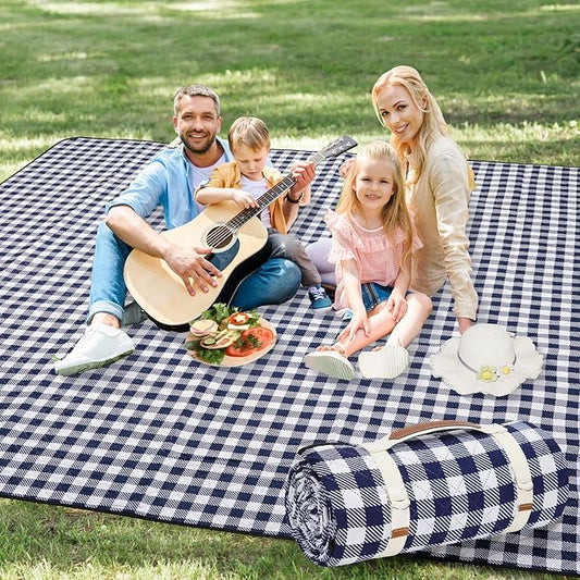 G GOOD GAIN Picnic Blankets Outdoor Extra Large - 80"x80" Portable Waterproof Picnic Blanket, Machine Washable 3-Layer Foldable Park Mat with Sandproof Backing for Grass, Hiking, Travel (Blue)