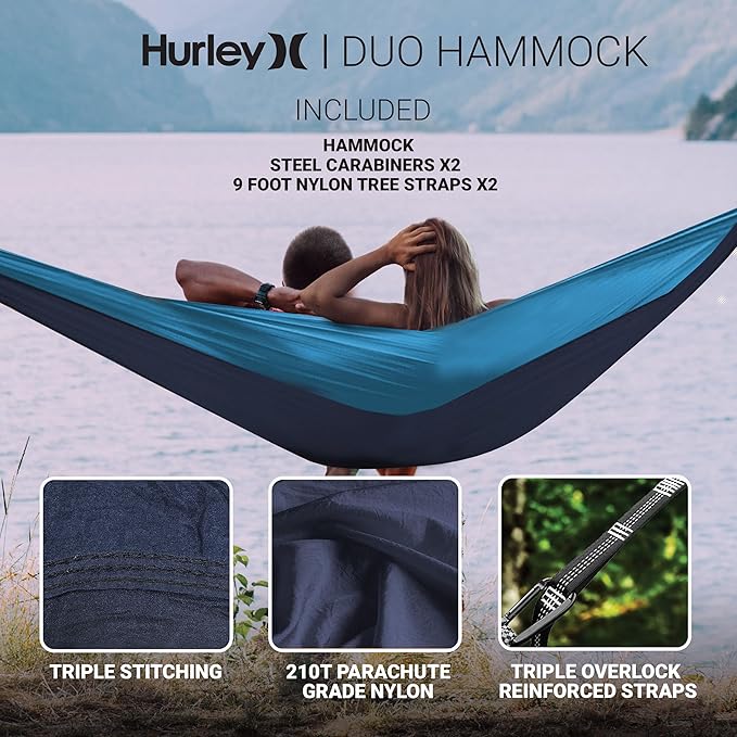 Hurley Duo Camping Hammock - 2 Person Portable Hammock for Camping, Heavy Duty Hammock, Parachute Nylon Fabric - Camping Accessories for Outdoor Activity - Holds Up to 400lbs, Monsoon Blue, 118 x 79