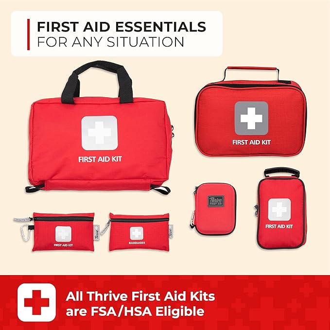 Thrive Travel Essentials Mini First Aid Kit - 66 FSA HSA Approved Products Includes Multi-Sized Bandage, Wipes, Safety Pins, and More (Pouch)