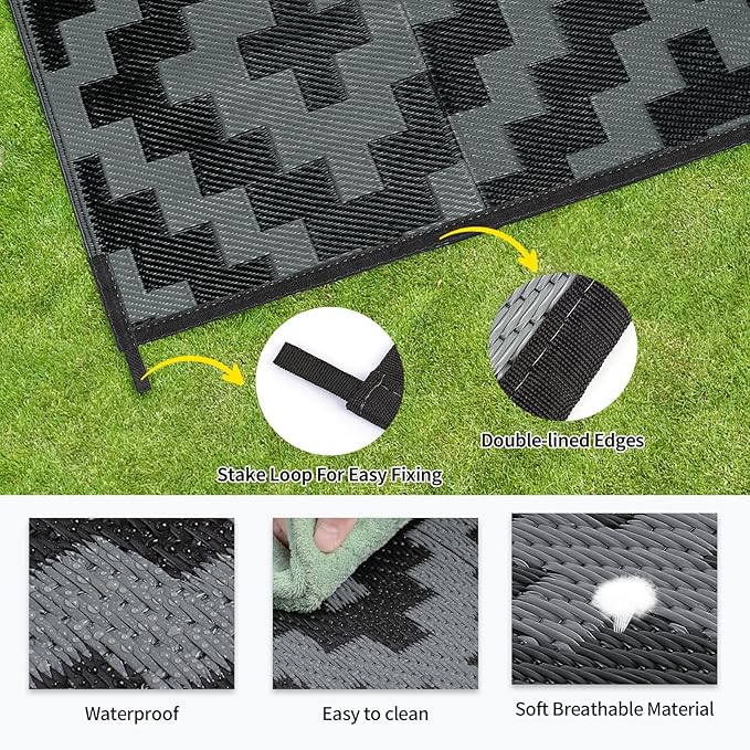 Outdoor Patio Plastic Straw Rug - 9'x18' Outdoor Camping Rug Waterproof Reversible, Area Carpet Patios Clearance RV, Outside Porch Balcony Deck for Camper, Black & Grey