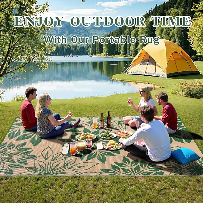 Waterproof Outdoor Rugs 5x8, Green Outdoor Plastic Straw Rug Double-Sided, Fade Resistant Patio Rug, Easy Cleaning RV Camping Mats Outside Carpet Portable for Balcony Porch Garden Deck Picnic