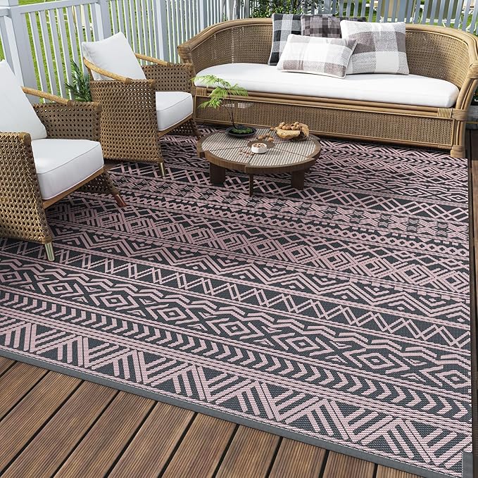 MontVoo Outdoor Rug 8x10 Waterproof Outdoor Patio Rug Mat Reverisble Plastic Straw Outdoor Rug for RV Camping Picnic Beach Balcony Boho Pink Grey