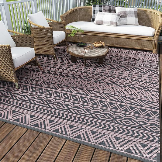 MontVoo Outdoor Rug Carpet Waterproof 5x8 Outdoor Patio Rug Mat Reverisble Plastic Straw Outdoor Rug for RV Camping Picnic Beach Balcony Boho Pink Grey