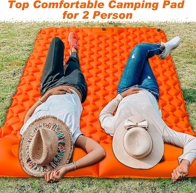 Self Inflating Sleeping Mat Ultralight Inflatable Sleeping Pad for Camping with Pillow Built-in Foot Pump Backpacking for Hiking Traveling Tent, Grey (Orange-Double)